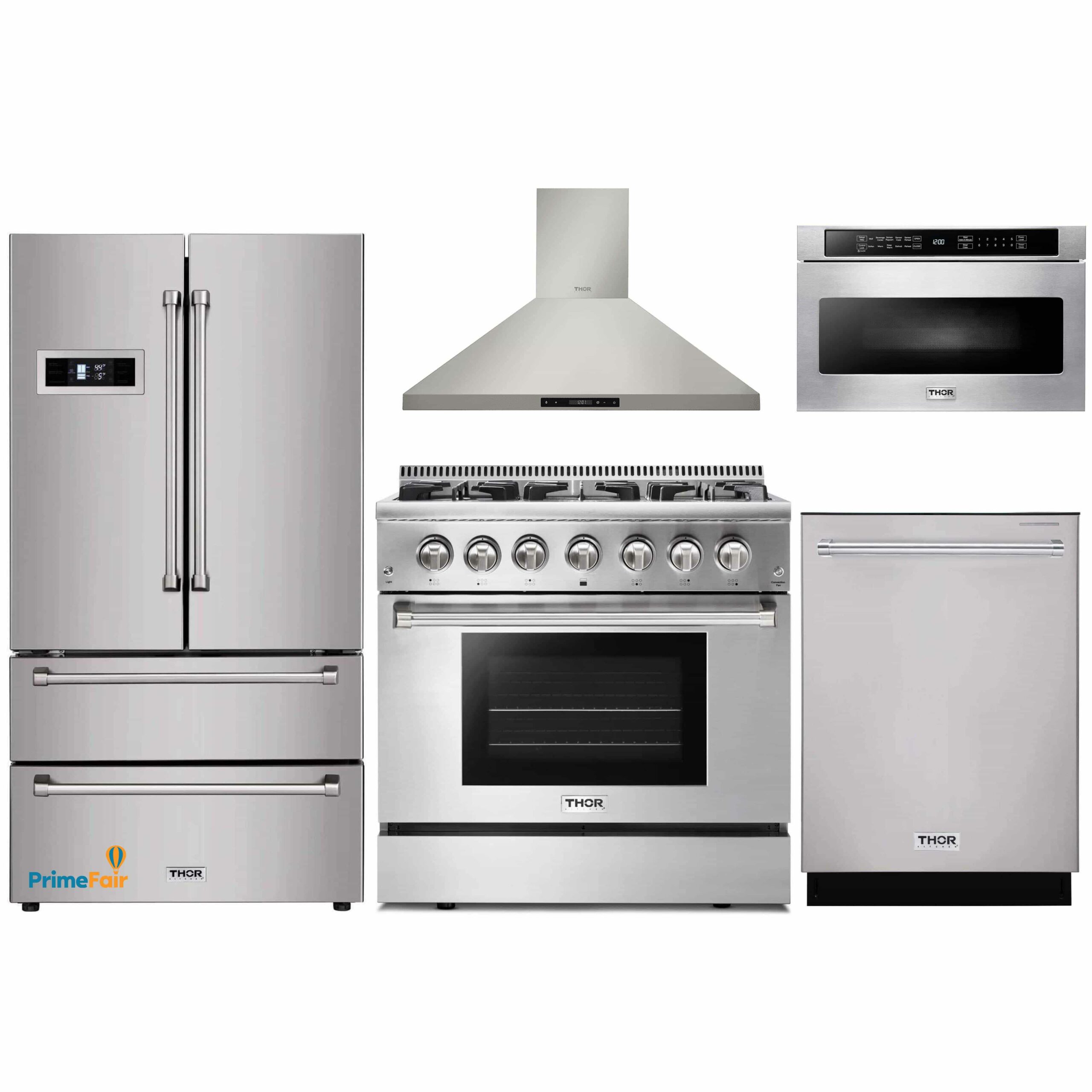 Thor Kitchen 5-Piece Appliance Package - 36-Inch GAS Range, Refrigerator, Wall Mount Hood, Dishwasher, and Wine Cooler in Stainless Steel